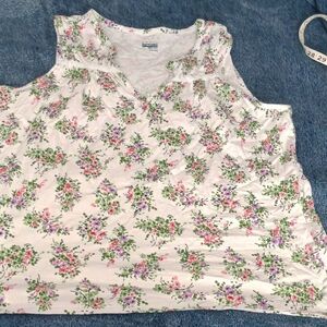 Basic Editions White Tank Top with Pink & Green Floral Print